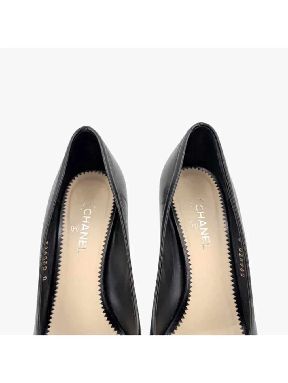 Chanel Black Leather Peep Toe Pumps Pearl CC Heel Size 38 US 7–7.5 Women's Heels